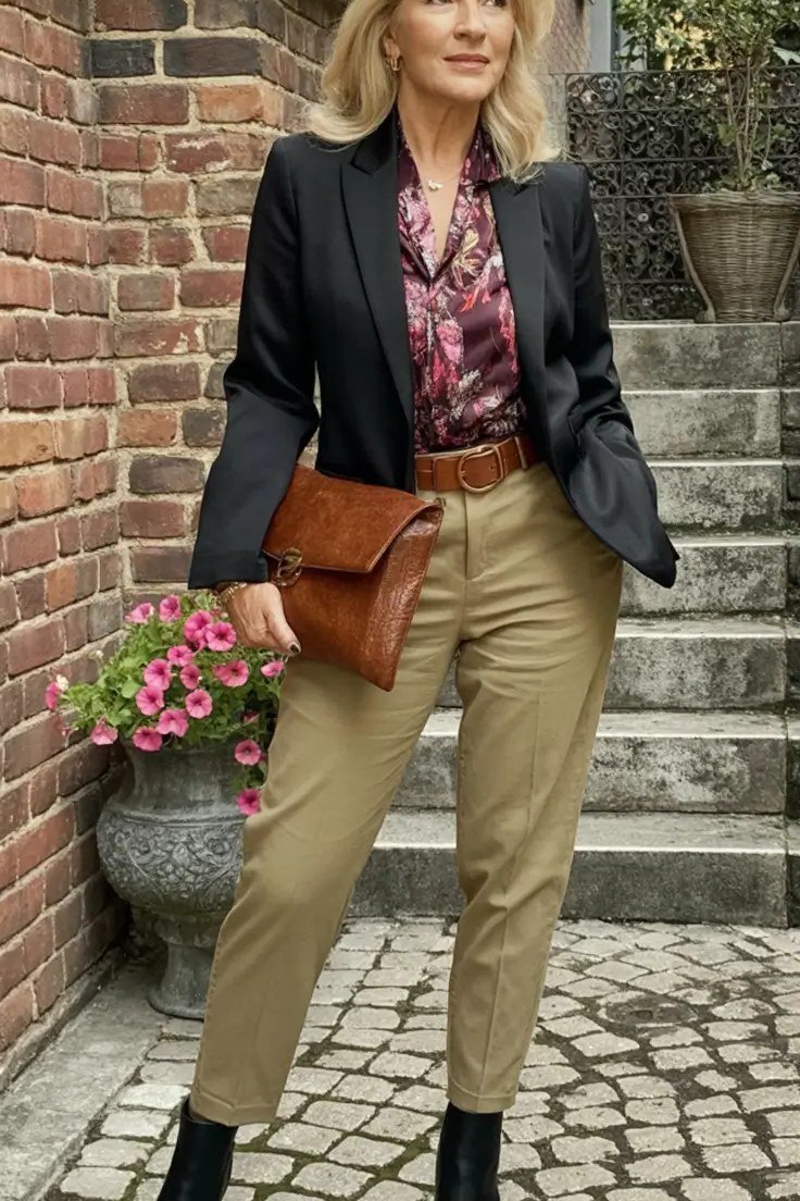 black blazer with floral blouse and khaki chinos, fall work outfit for women over 50