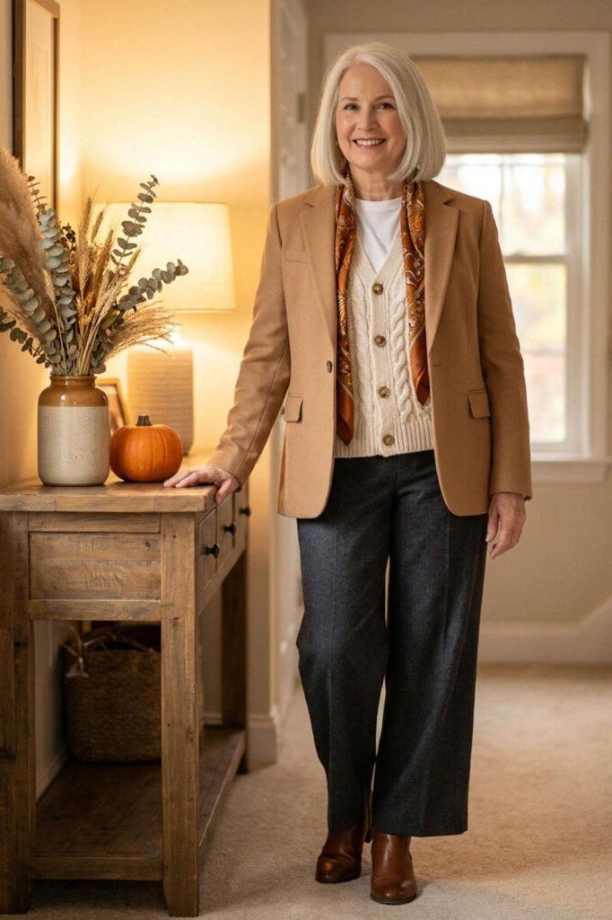 tan blazer with cream cardigan and black wide-leg trousers, fall work outfit for women over 50