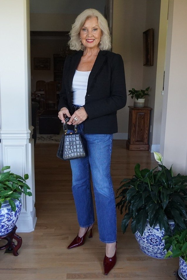 black blazer with white top, jeans and burgundy heels, fall work outfit for women over 50