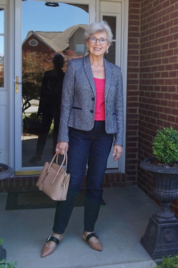 grey blazer with pink top and navy trousers, fall work outfit for women over 50