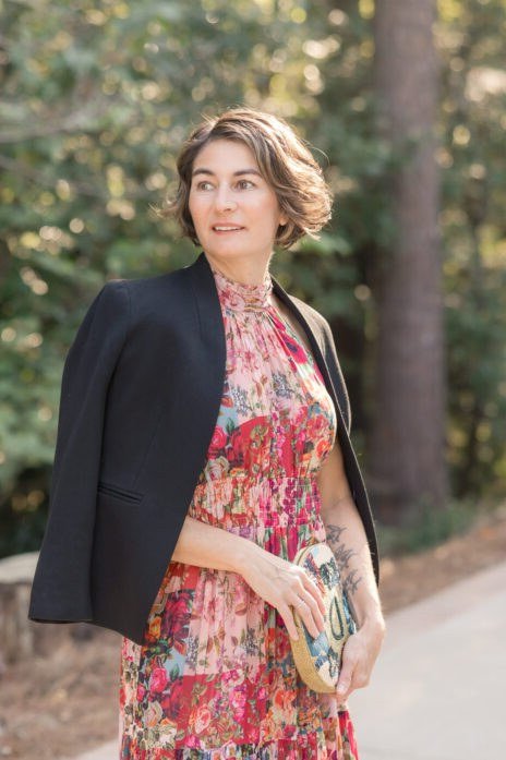 black blazer with pink floral midi dress, fall work outfit for women over 50