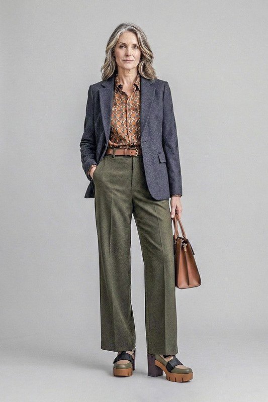 grey blazer with paisley blouse and olive wide-leg trousers, fall work outfit for women over 50