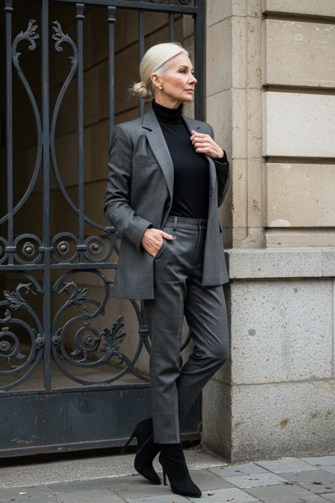 grey trouser suit with black turtleneck, fall work outfit for women over 50