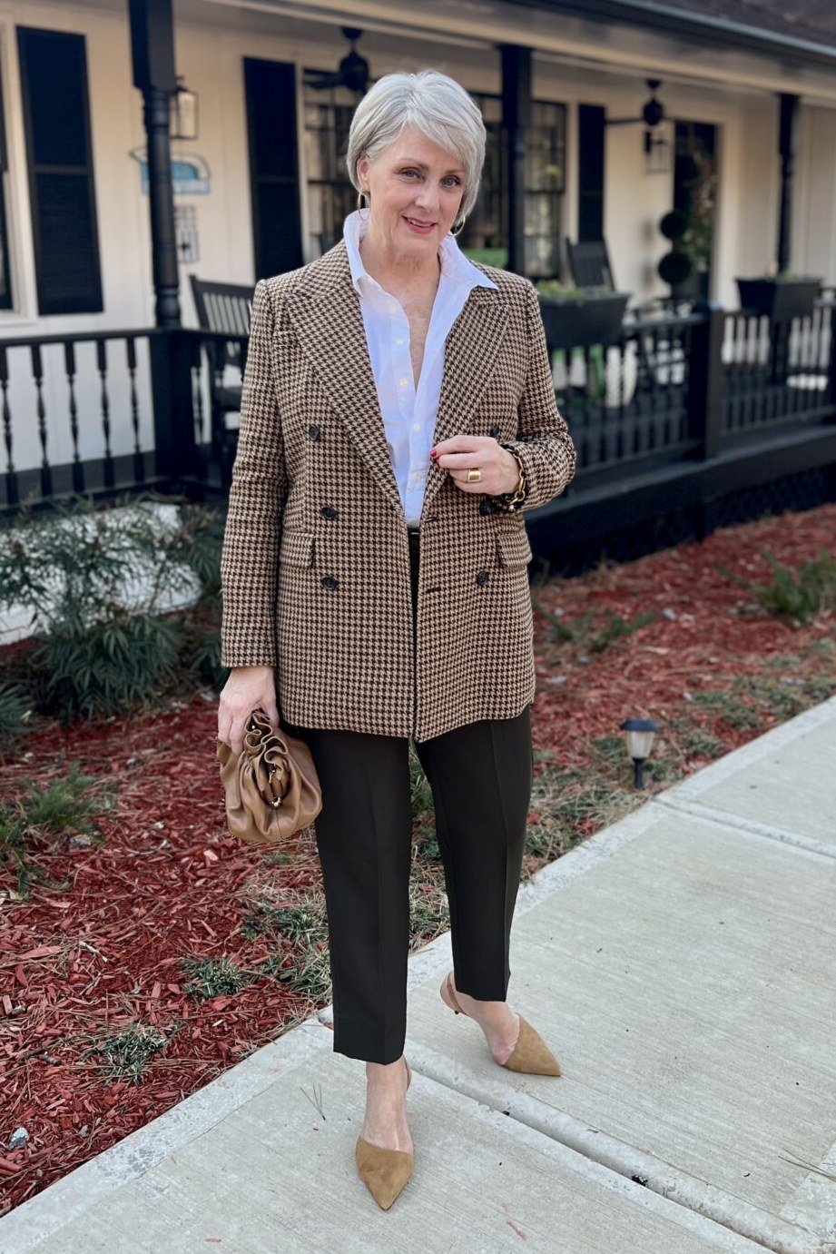 brown plaid blazer with white top and black cropped trousers, fall work outfit for women over 50