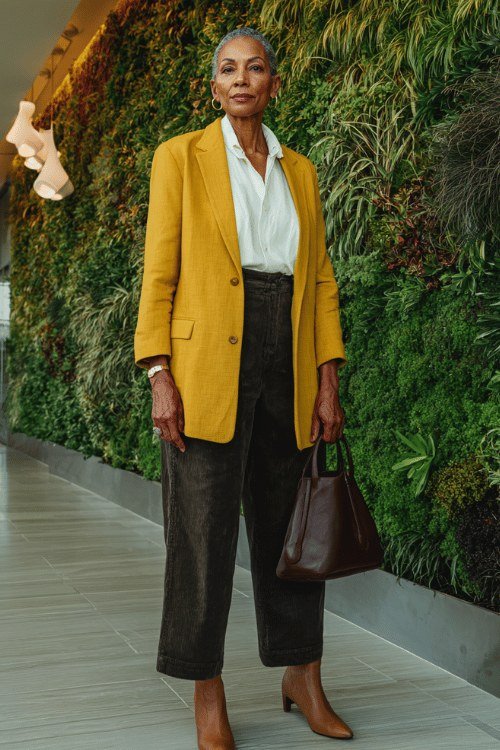 mustard blazer with white top and brown wide-leg trousers, fall work outfit for women over 50