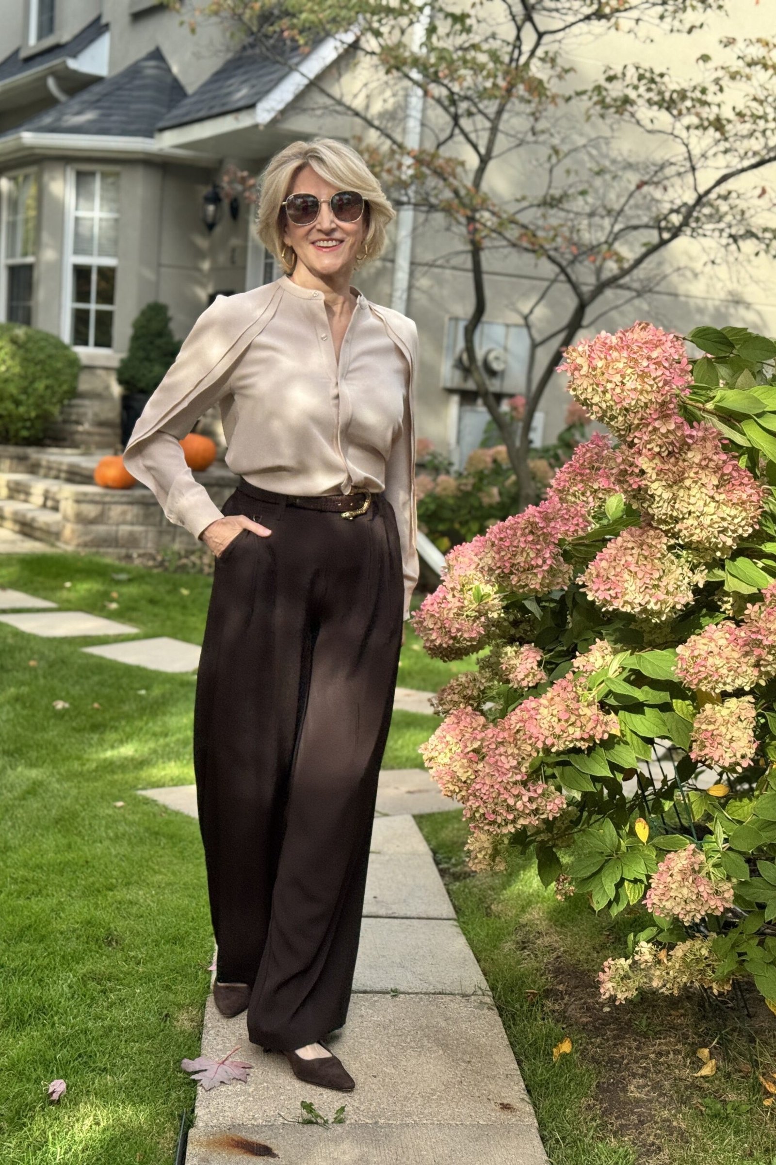 champagne satin blouse with brown wide-leg trousers, fall work outfit for women over 50