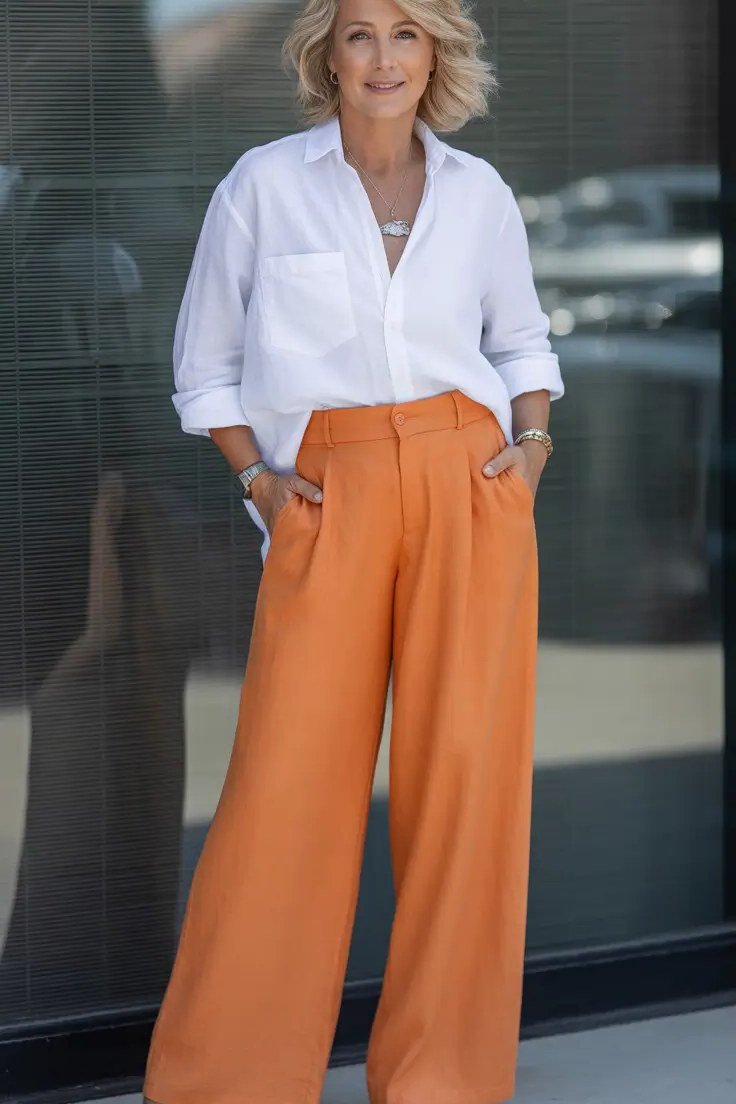 white shirt with burnt orange wide-leg trousers, fall work outfit for women over 50