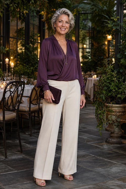 plum wrap blouse with cream wide-leg trousers, fall work outfit for women over 50
