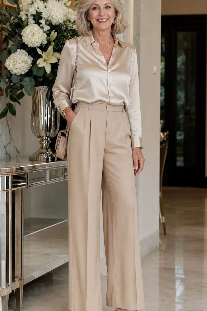 champagne satin blouse with beige wide-leg trousers, fall work outfit for women over 50