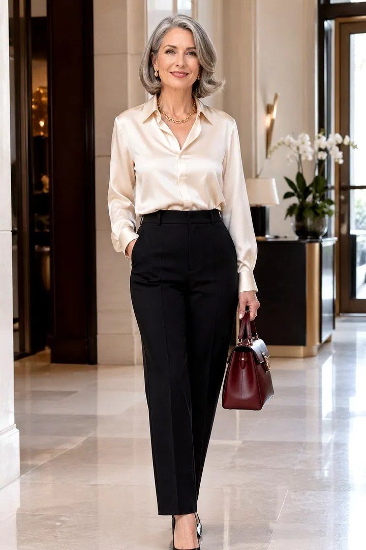cream satin shirt with black trousers and burgundy handbag, fall work outfit for women over 50