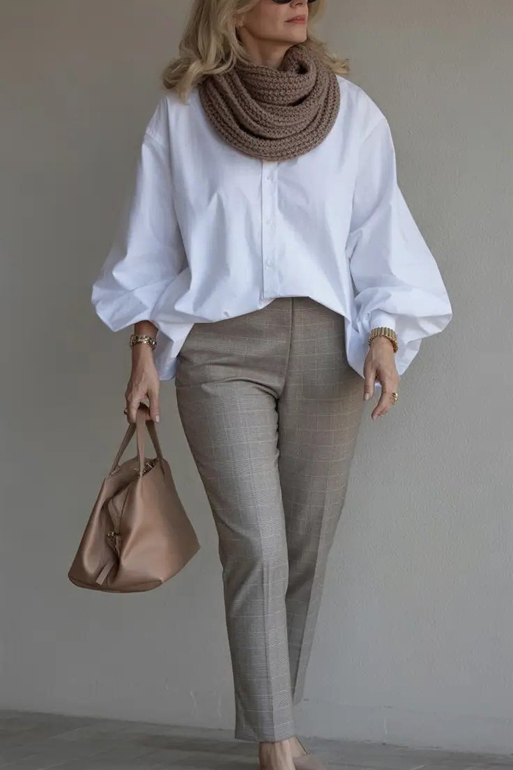 white blouse with taupe cowl scarf and grey trousers, fall work outfit for women over 50