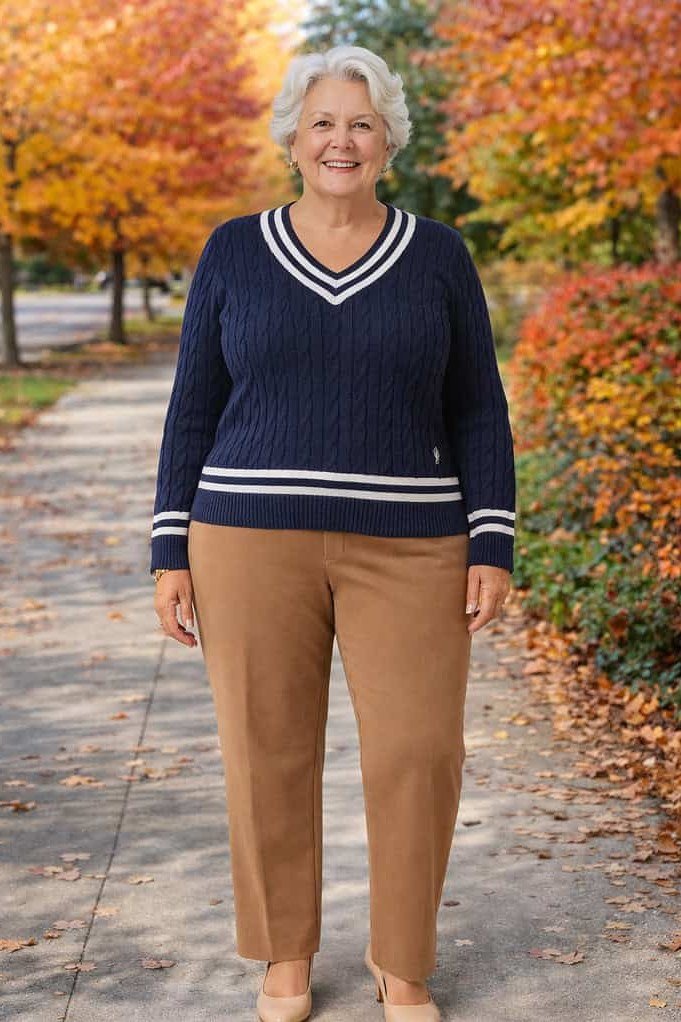 navy striped sweater with camel trousers, fall work outfit for women over 50