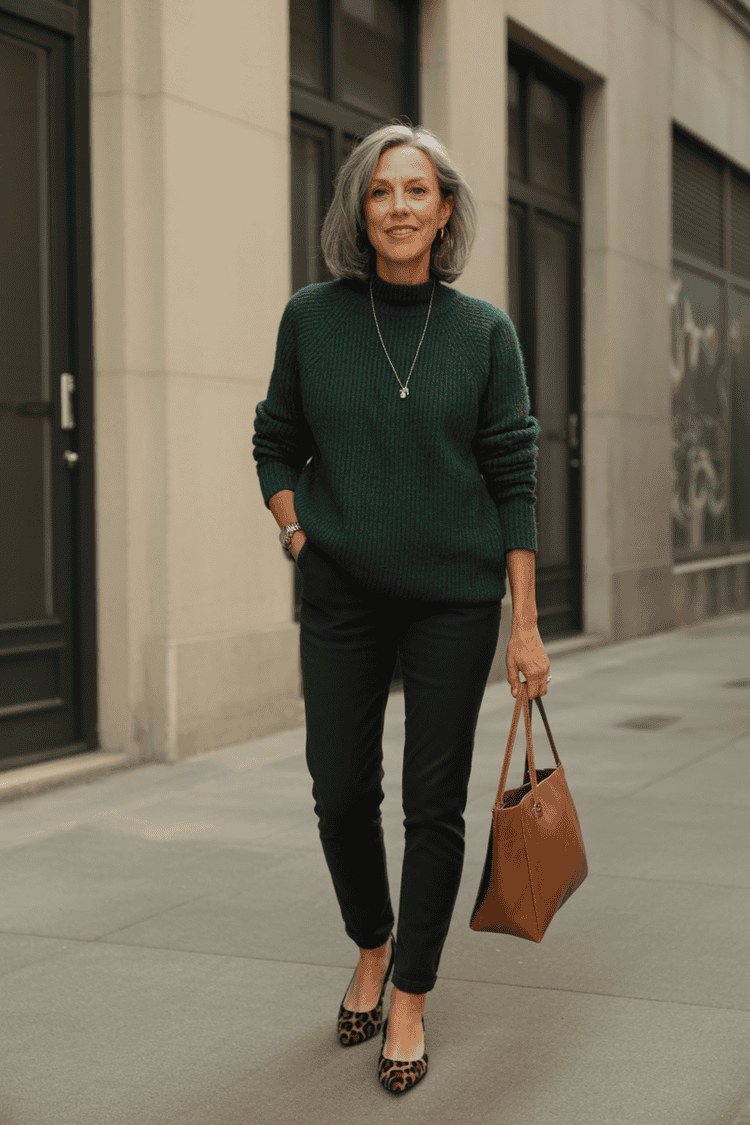 brown turtleneck with brown cardigan and beige trousers, fall work outfit for women over 50