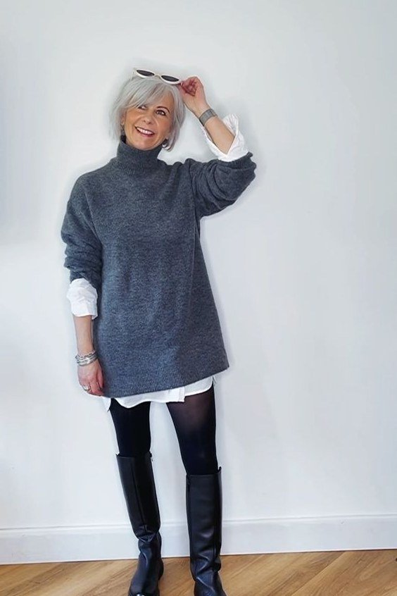 green sweater with black trousers and leopard flats, fall work outfit for women over 50