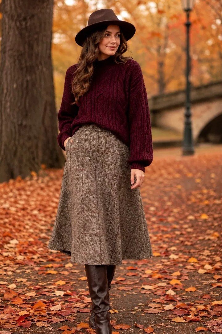 burgundy turtleneck with beige midi skirt and knee-high boots, fall work outfit for women over 50
