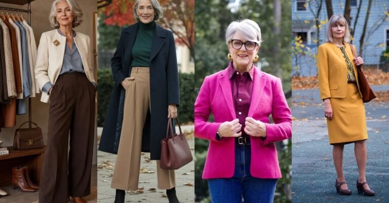 Collage of four fall work outfits for women over 50