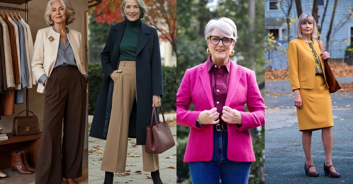 Collage of four fall work outfits for women over 50