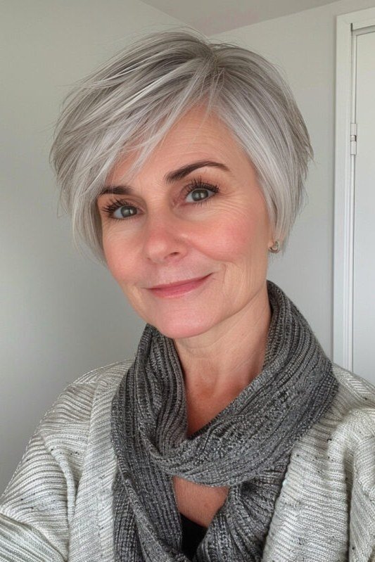 Silver Feathered Pixie-Bob on an older woman - elegant feathered bob hairstyle idea