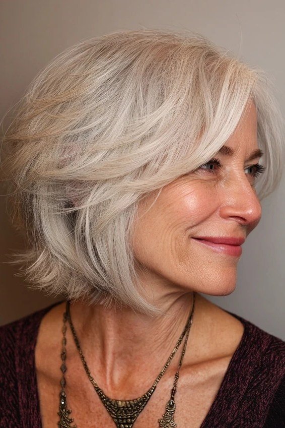 Soft Silver Feathered Bob on an older woman - elegant feathered bob hairstyle idea