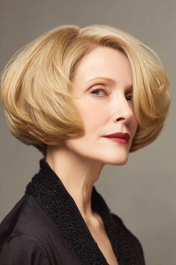 Honey-Blonde Rounded Feathered Bob on an older woman - elegant feathered bob hairstyle idea