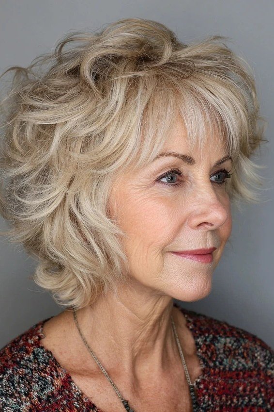 Layered Blonde Feathered Bob with Soft Volume on an older woman - elegant feathered bob hairstyle idea