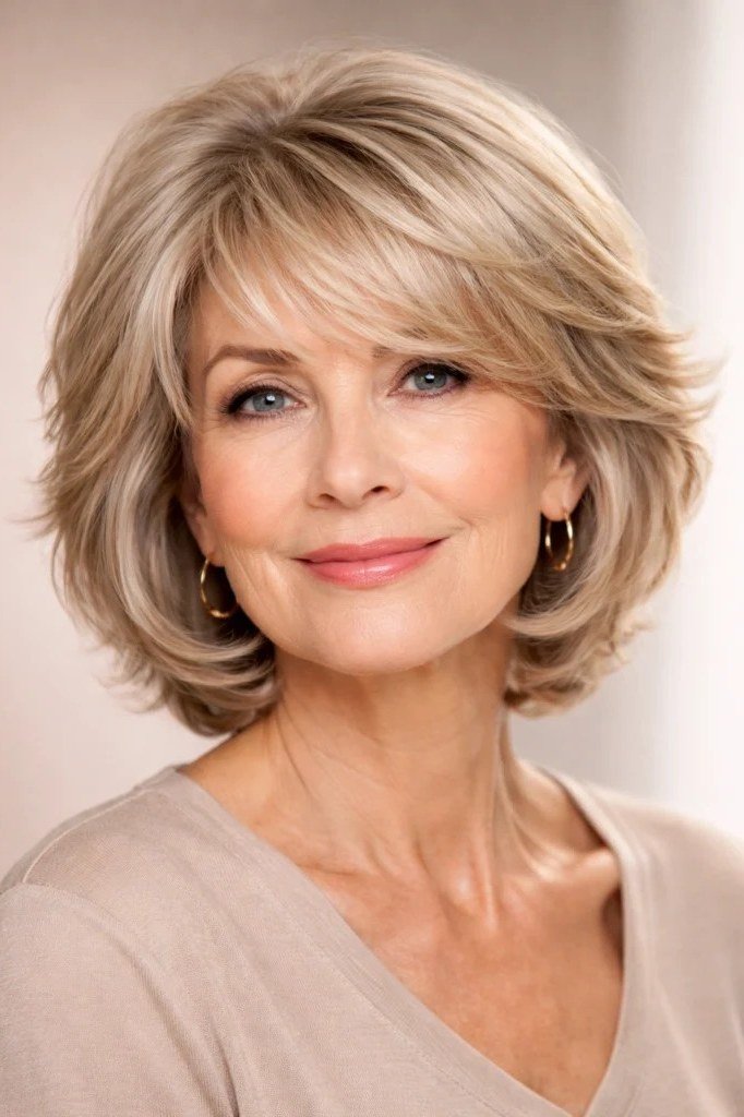 Blonde Feathered Bob with Wispy Ends on an older woman - elegant feathered bob hairstyle idea