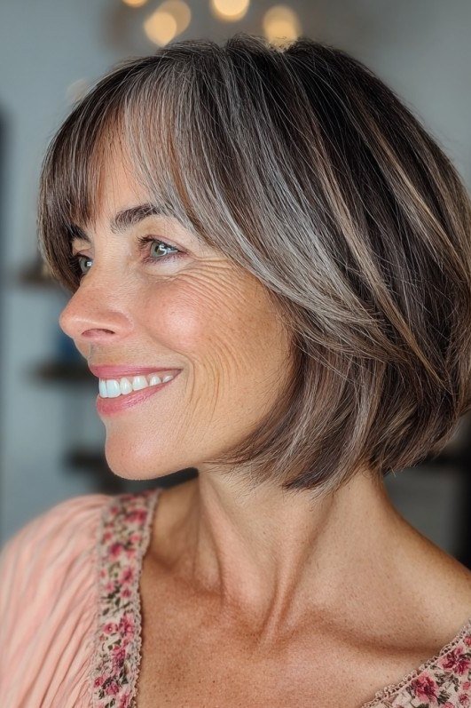Dark Salt-and-Pepper Feathered Bob on an older woman - elegant feathered bob hairstyle idea