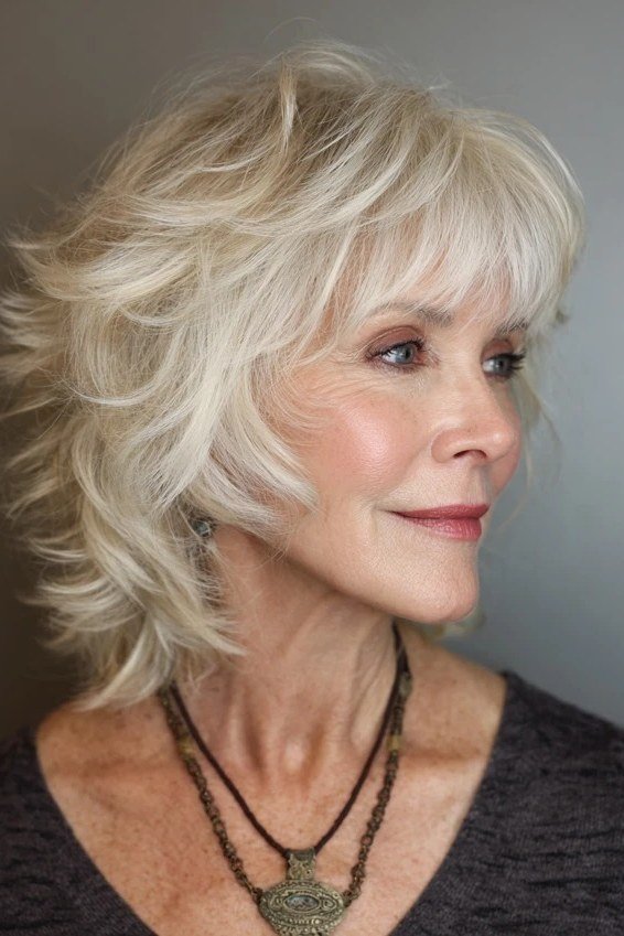 Silver Shaggy Feathered Bob on an older woman - elegant feathered bob hairstyle idea