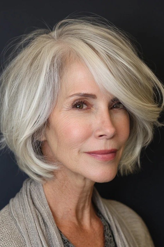 Silver Side-Swept Feathered Bob on an older woman - elegant feathered bob hairstyle idea