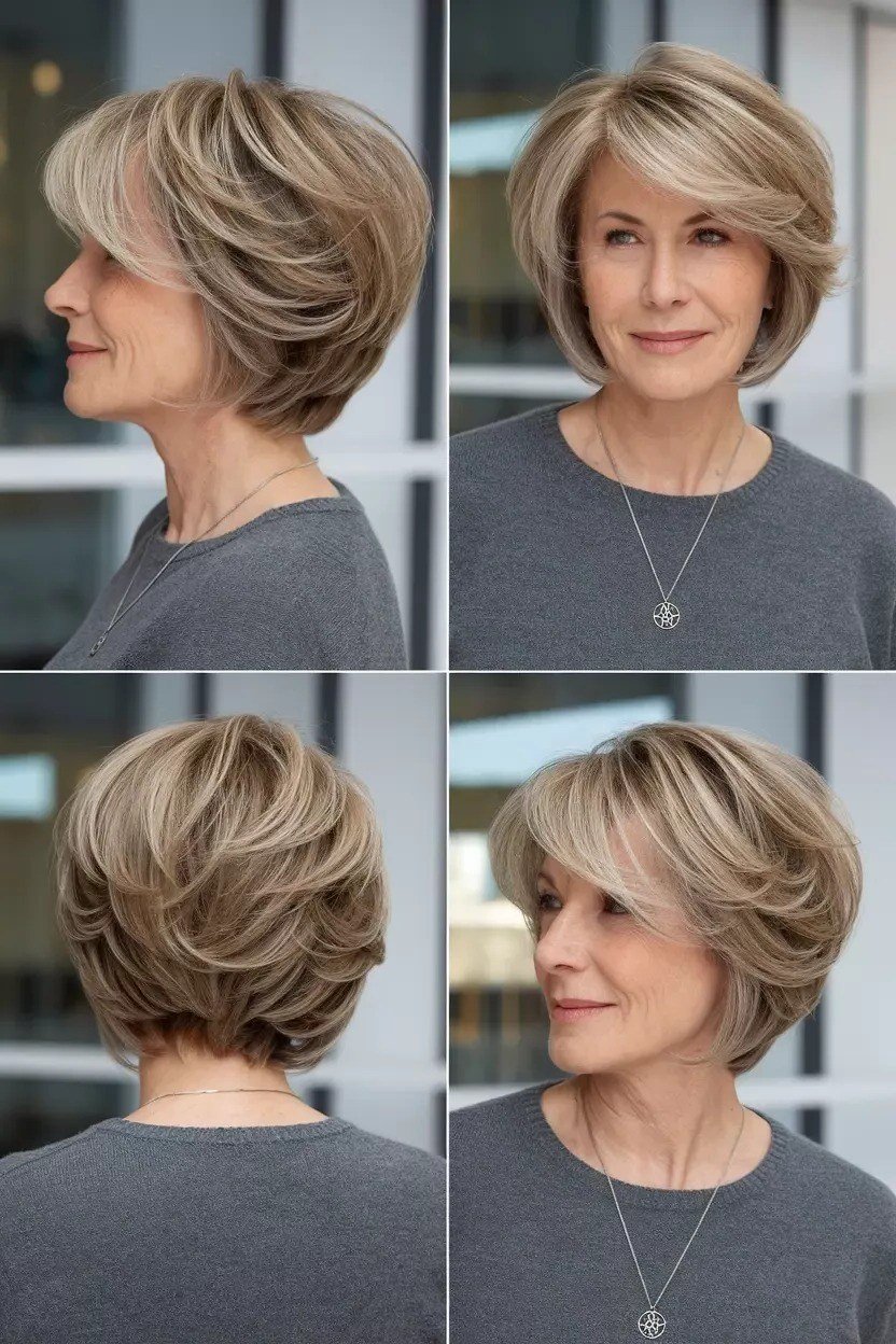 Blonde Feathered Bob from Every Angle on an older woman - elegant feathered bob hairstyle idea