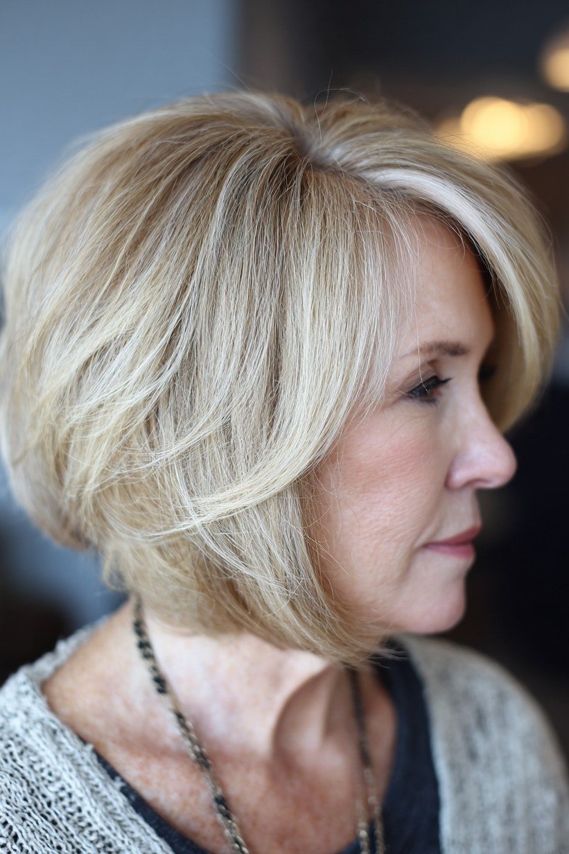 Platinum Feathered Bob on an older woman - elegant feathered bob hairstyle idea
