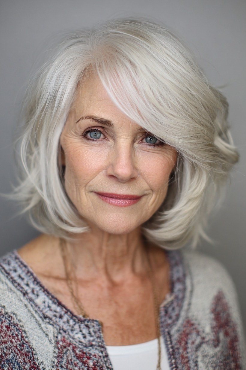 Silver Layered Feathered Bob on an older woman - elegant feathered bob hairstyle idea