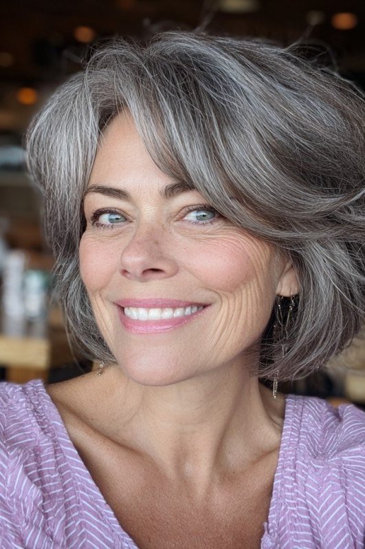 Classic Silver Feathered Bob on an older woman - elegant feathered bob hairstyle idea