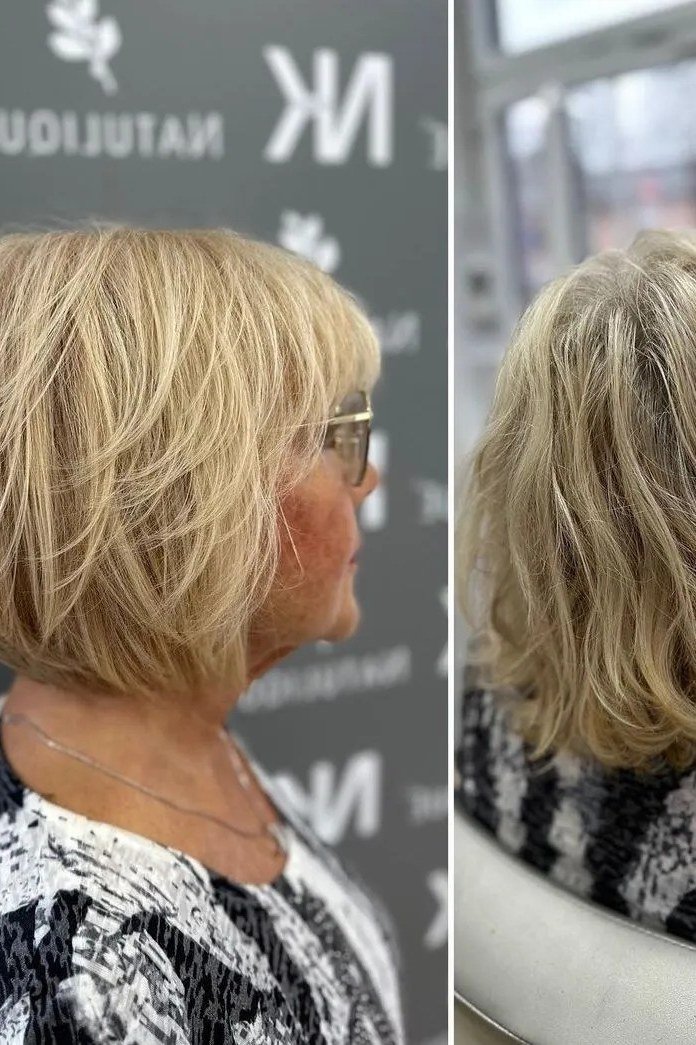 Salon-Fresh Blonde Feathered Bob on an older woman - elegant feathered bob hairstyle idea
