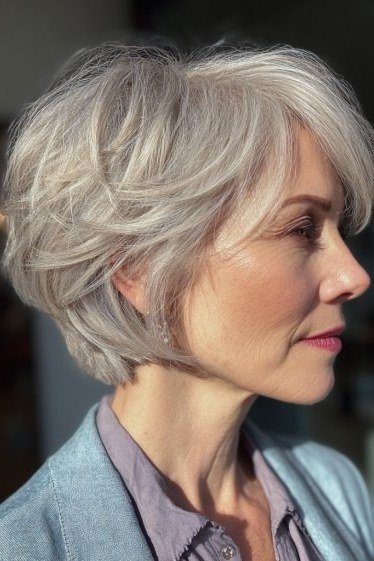 Silver Side-Parted Feathered Bob on an older woman - elegant feathered bob hairstyle idea