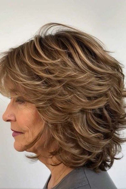 Brown Shaggy Feathered Bob on an older woman - elegant feathered bob hairstyle idea