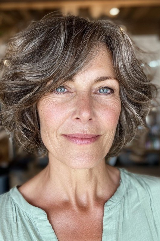 Grey Wavy Feathered Bob on an older woman - elegant feathered bob hairstyle idea