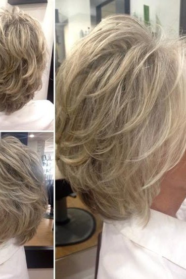 Blonde Feathered Bob in Three Views on an older woman - elegant feathered bob hairstyle idea