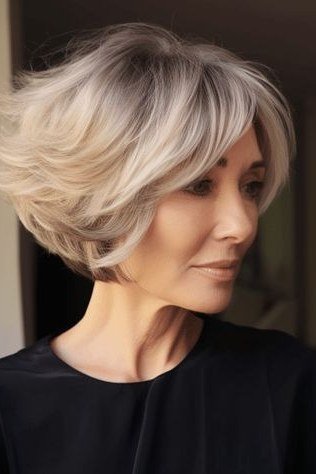 Silver Feathered Bob with Feathered Nape on an older woman - elegant feathered bob hairstyle idea