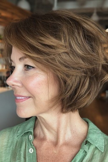 Brunette Layered Feathered Bob on an older woman - elegant feathered bob hairstyle idea