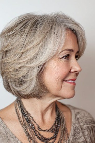 Silver Feathered Bob with Tousled Layers on an older woman - elegant feathered bob hairstyle idea