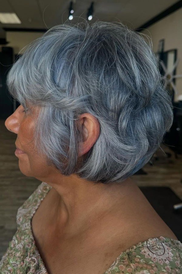 Blue-Grey Feathered Bob on an older woman - elegant feathered bob hairstyle idea
