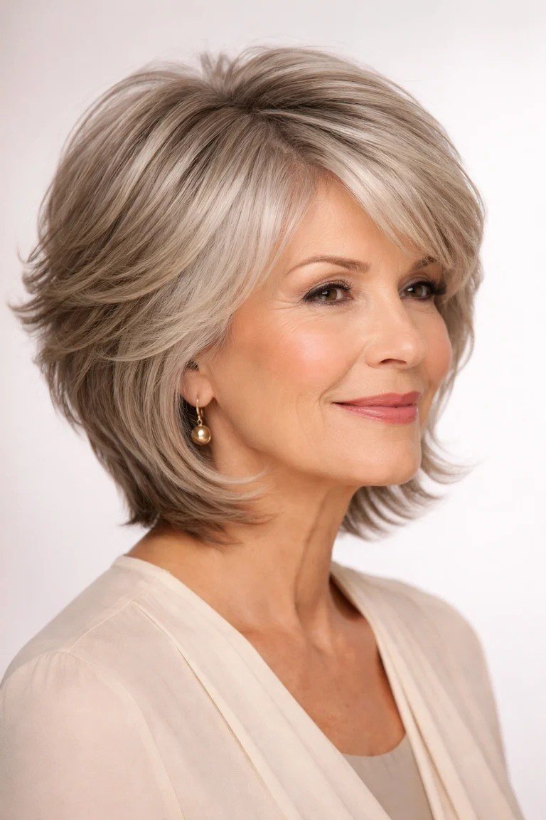 Silver Feathered Bob with Gentle Layers on an older woman - elegant feathered bob hairstyle idea