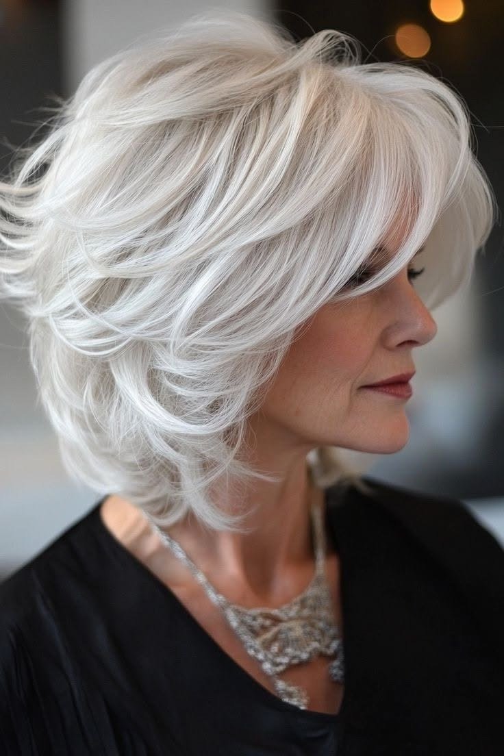 White Feathered Bob with Airy Texture on an older woman - elegant feathered bob hairstyle idea