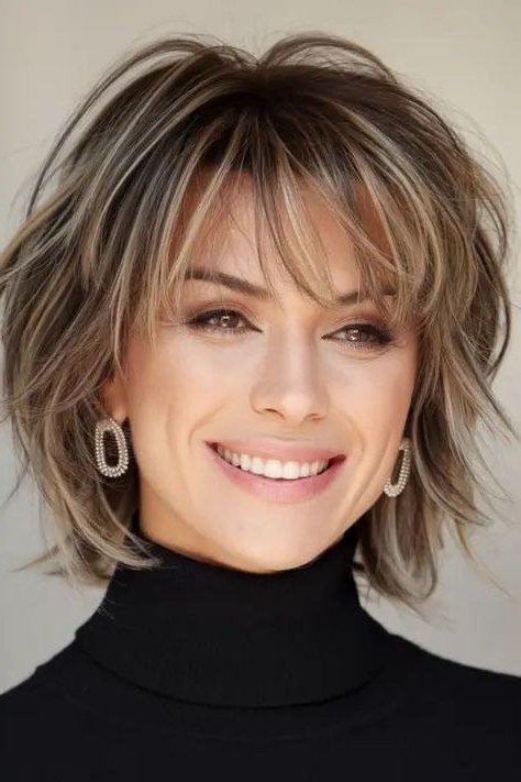 Brunette Feathered Bob with Sleek Finish on an older woman - elegant feathered bob hairstyle idea