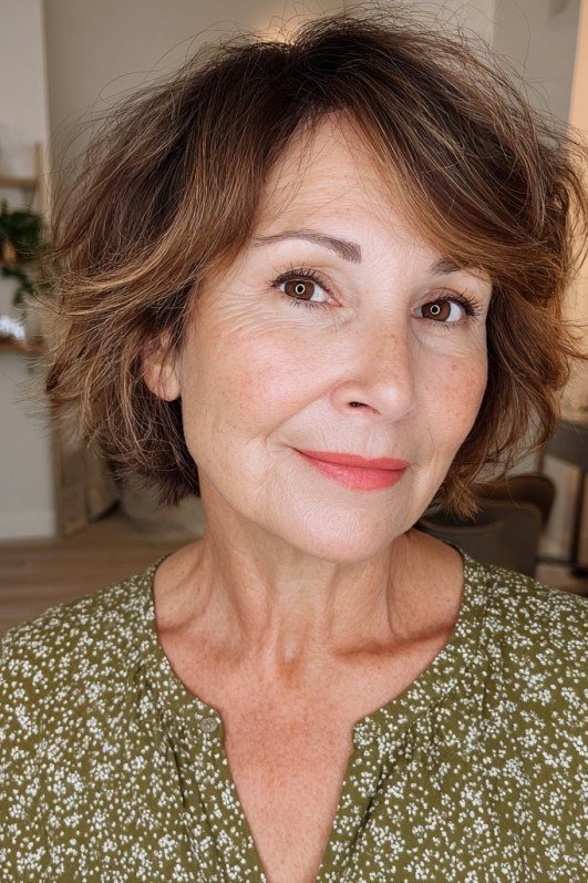 Auburn Feathered Bob on an older woman - elegant feathered bob hairstyle idea