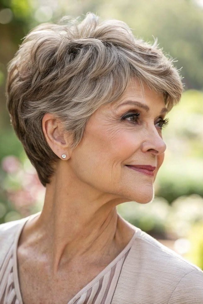 Outdoor Silver Feathered Pixie on an older woman - elegant feathered bob hairstyle idea