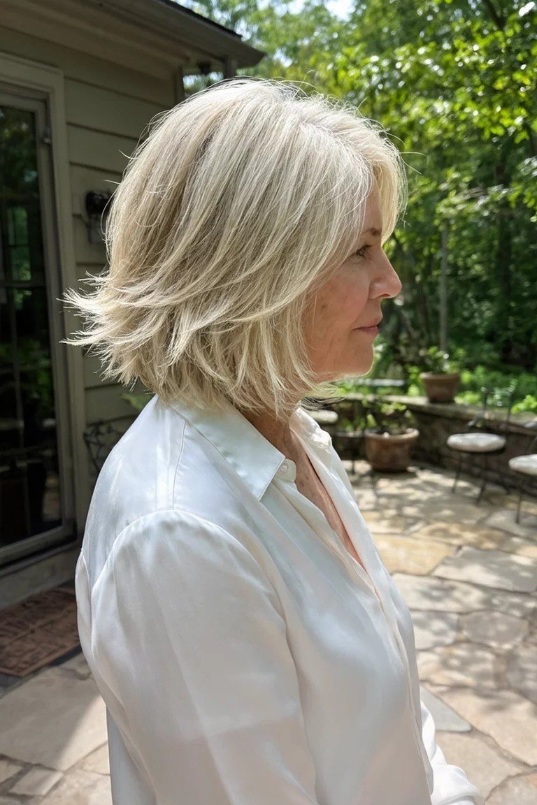 Outdoor Blonde Feathered Bob on an older woman - elegant feathered bob hairstyle idea