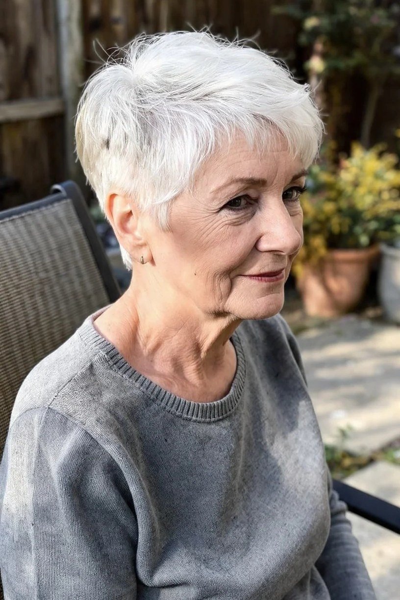 White Feathered Pixie on an older woman - elegant feathered bob hairstyle idea