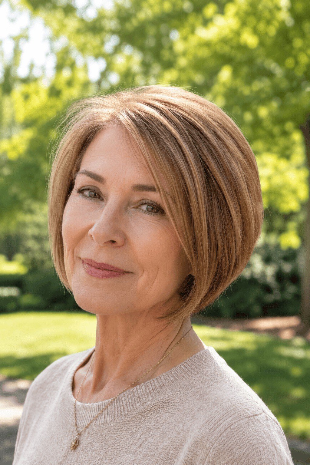 Caramel Rounded Feathered Bob on an older woman - elegant feathered bob hairstyle idea